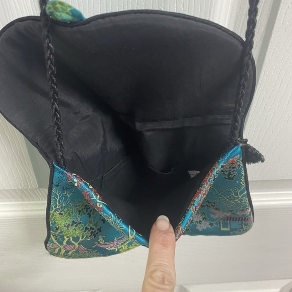 Hand Made Teal Blue Pure Silk Embroidery Mini Cross-body Purse 8x6x.75" - Picture 7 of 9